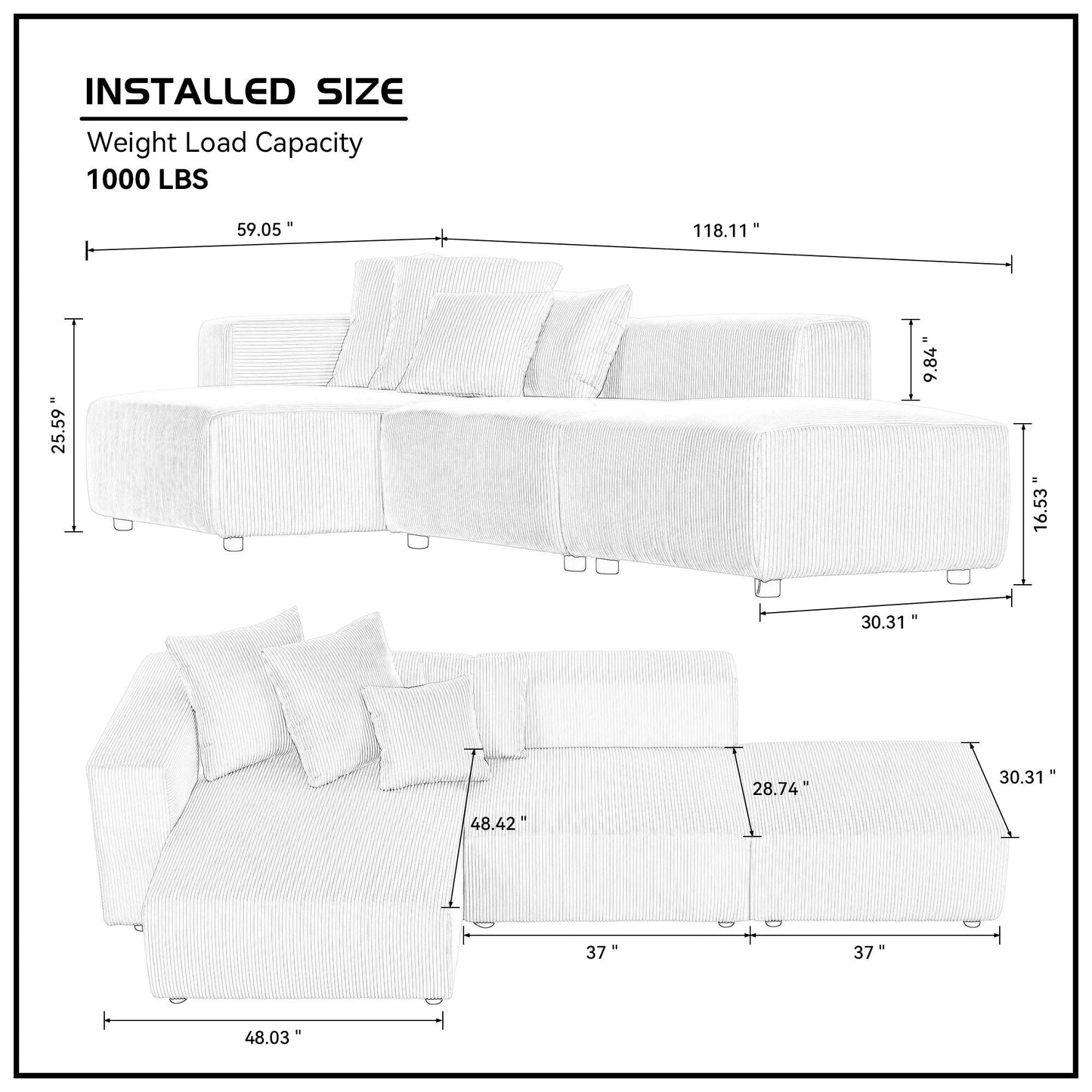 Soft Corduroy Sectional Modular Sofa Set, Small L-Shaped Chaise Couch for Living Room, Apartment, Office, Gray