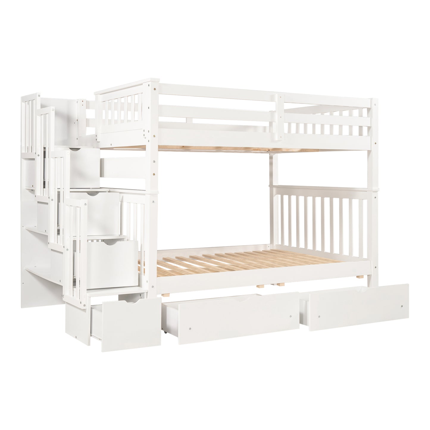 White Twin Over Twin Bunk Bed with Shelves and 6 Storage Drawers