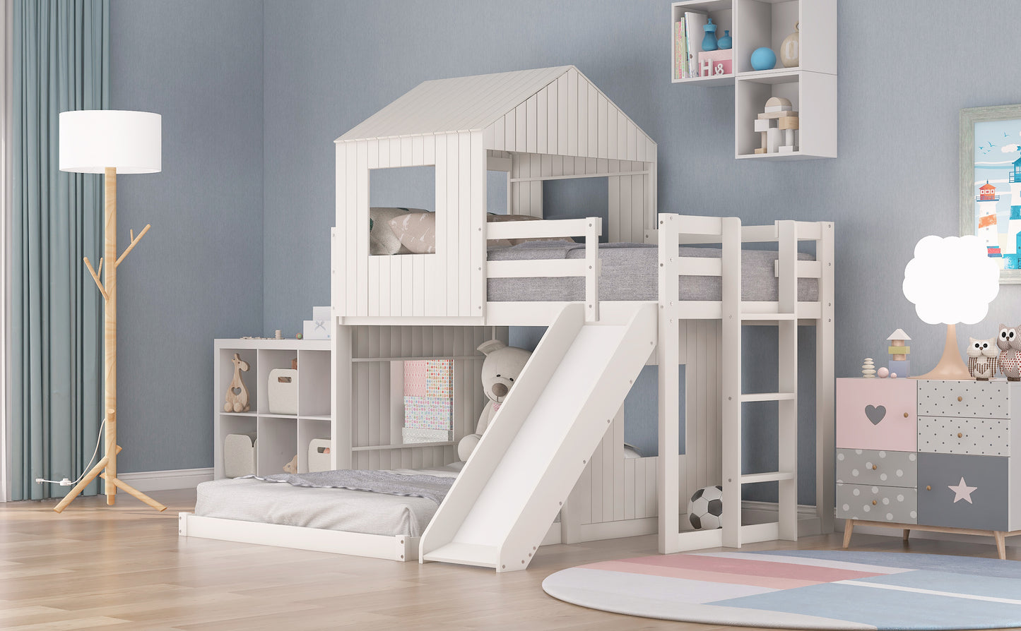 White Wooden Bunk Bed with Playhouse and Slide - Farmhouse Style