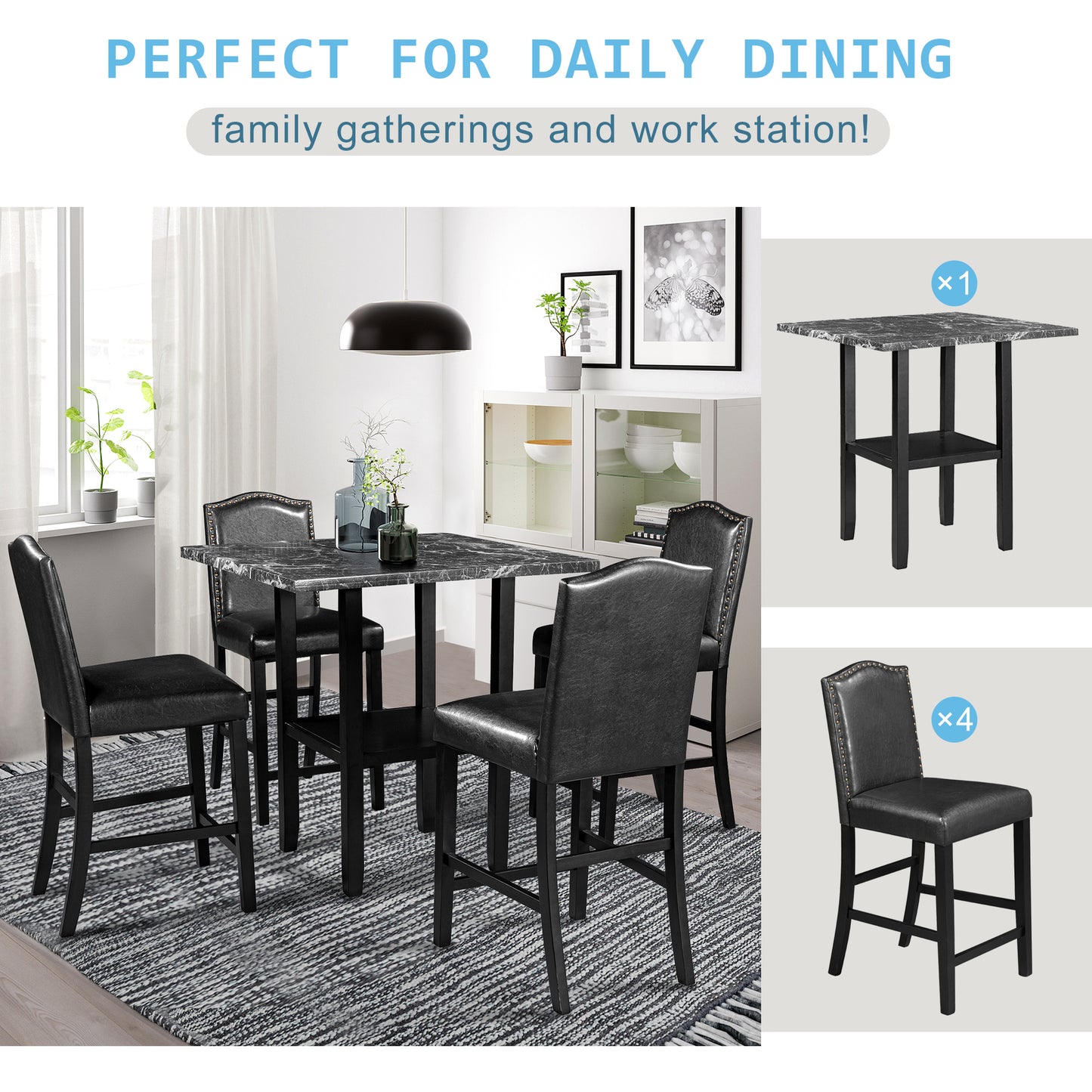 5 Piece Dining Set with Matching Chairs and Bottom Shelf for Dining Room, Black Chair+Black Table