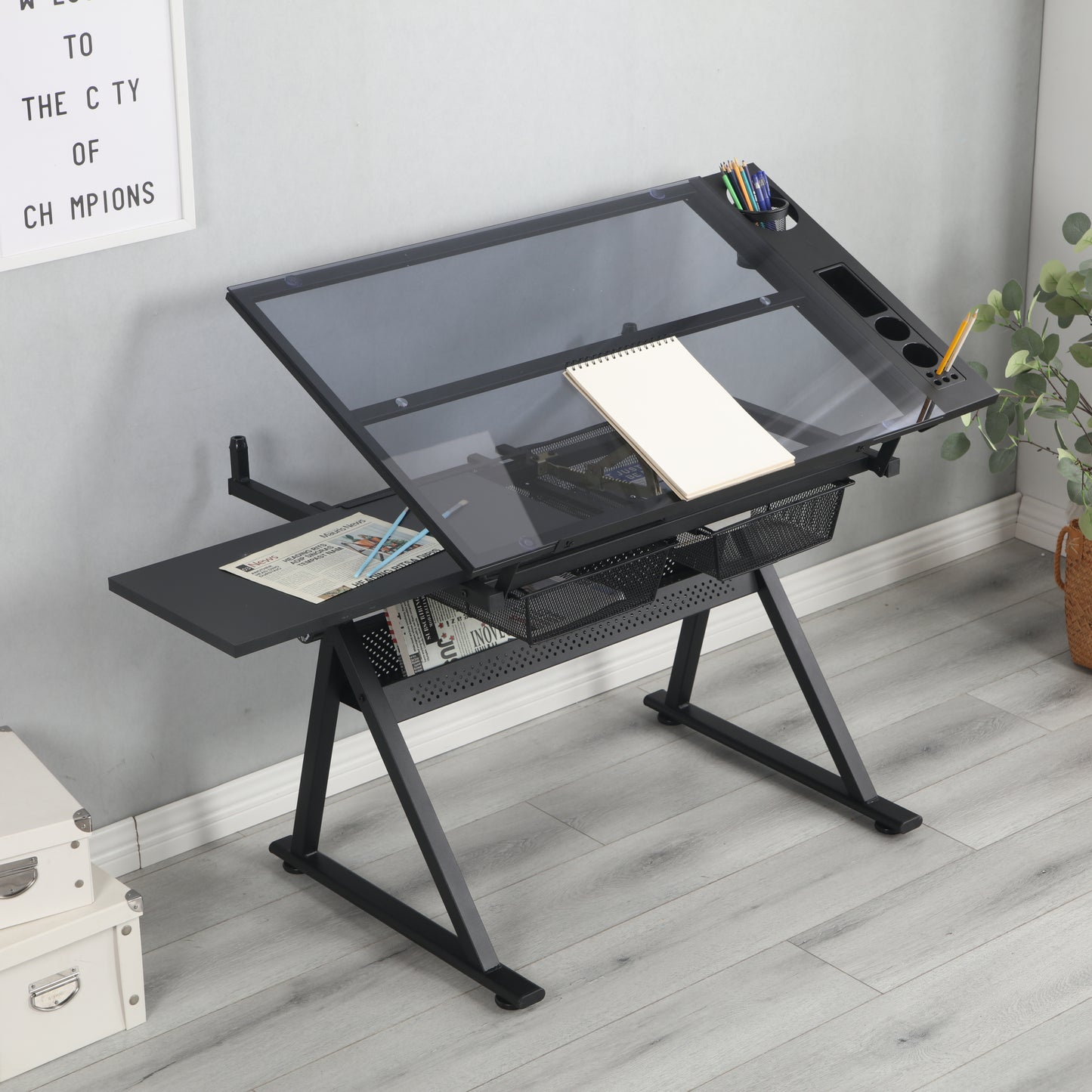 Glass Drafting Table Set with Adjustable Chair