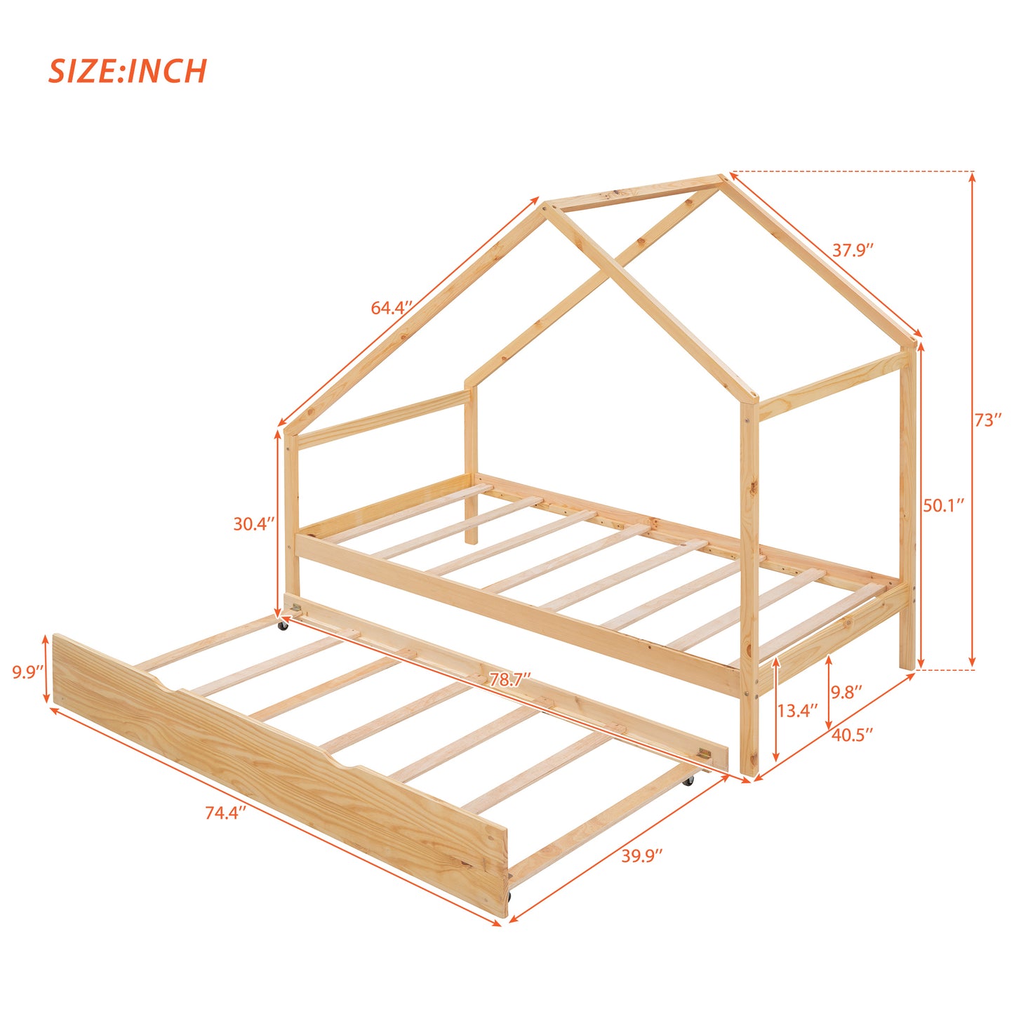 Twin Size Wooden House Bed With Twin Size Trundle, Natural