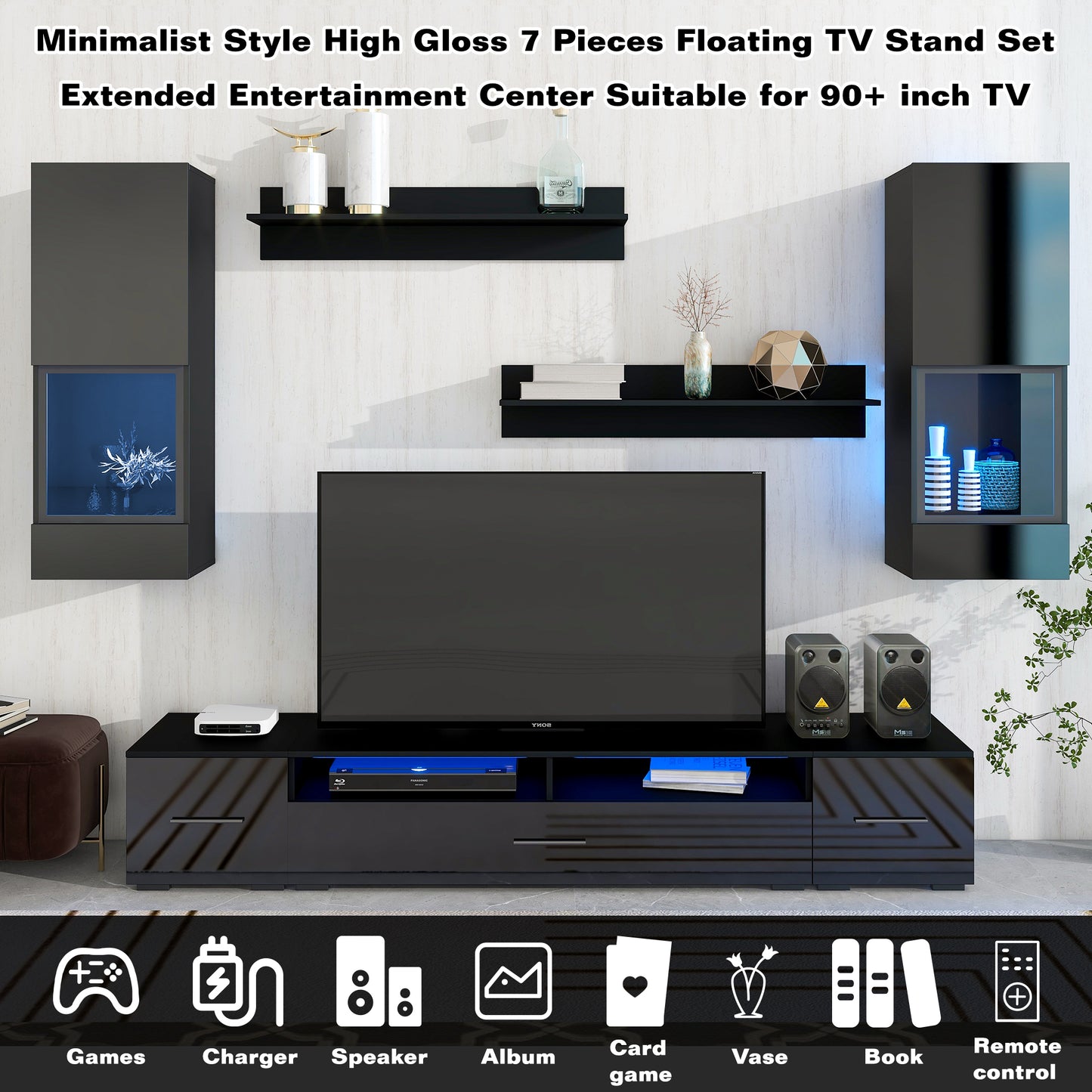 Modernized Black Floating TV Stand Set with 16-Color LED Lights for 90+ inch TV