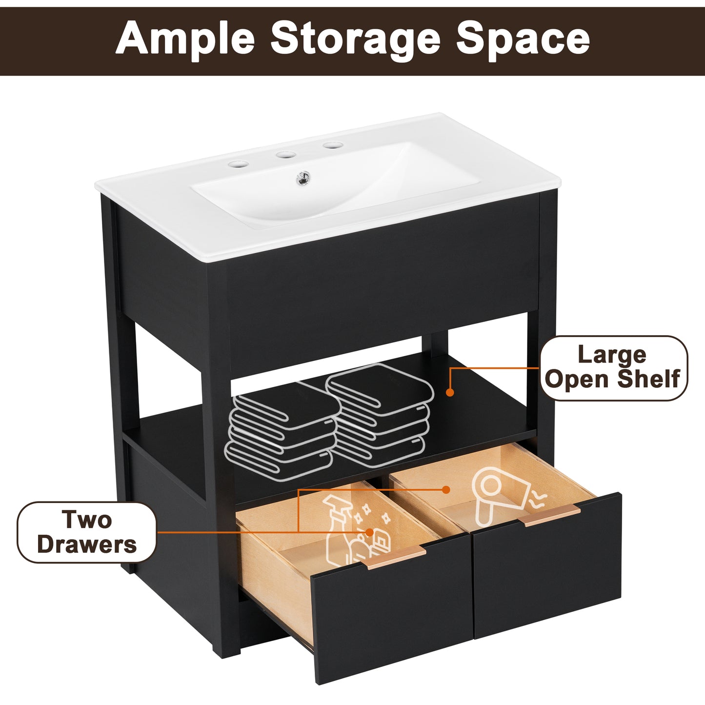 30" Bathroom Vanity with Sink Top, Bathroom Cabinet with Open Storage Shelf and Two Drawers, One Package, Black