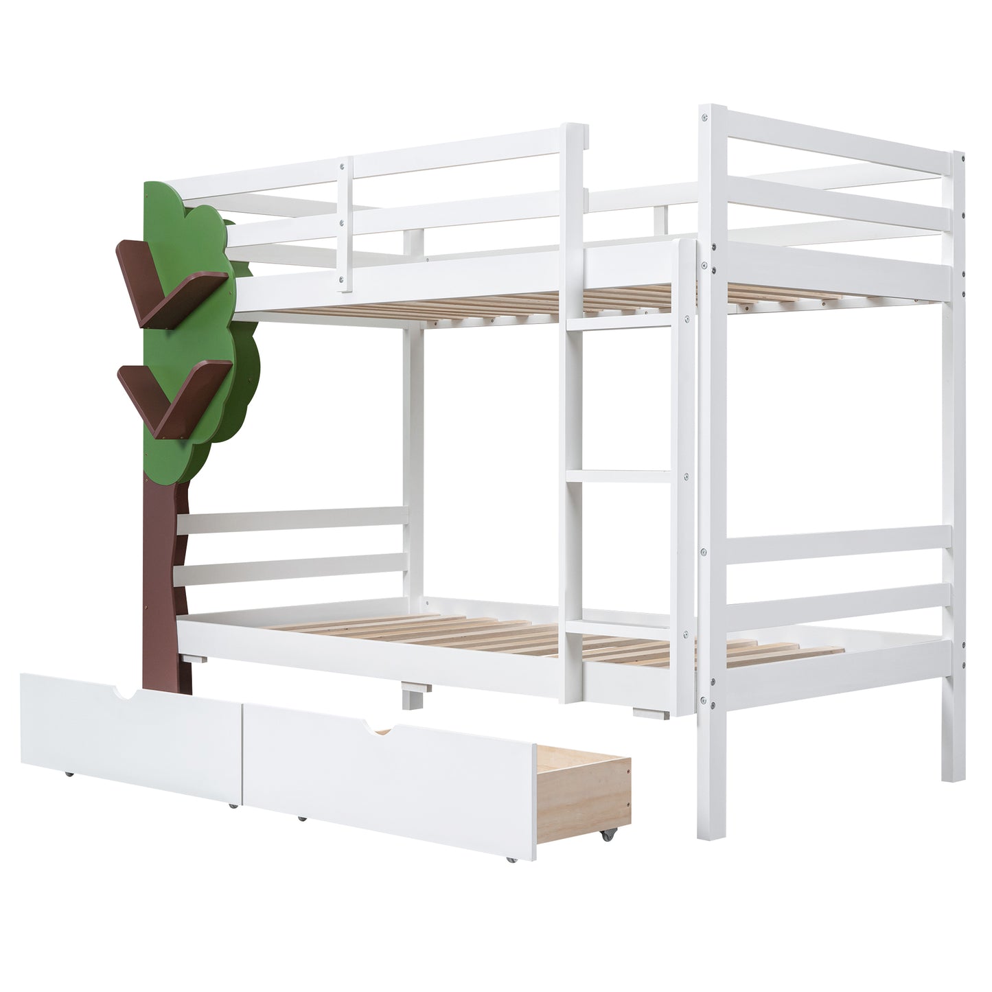 White Twin Bunk Bed with Tree Design and Storage Drawers