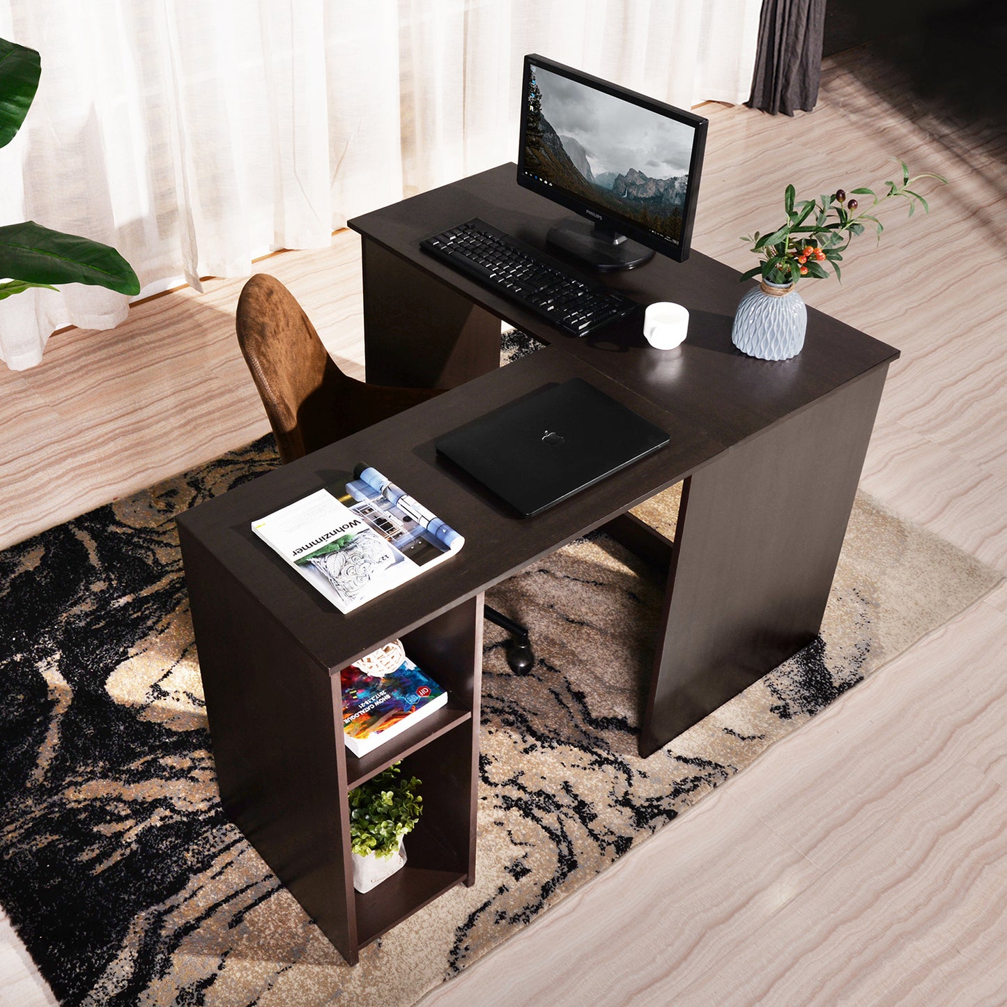 L-Shaped Computer Desk with Open Shelves and Ample Storage