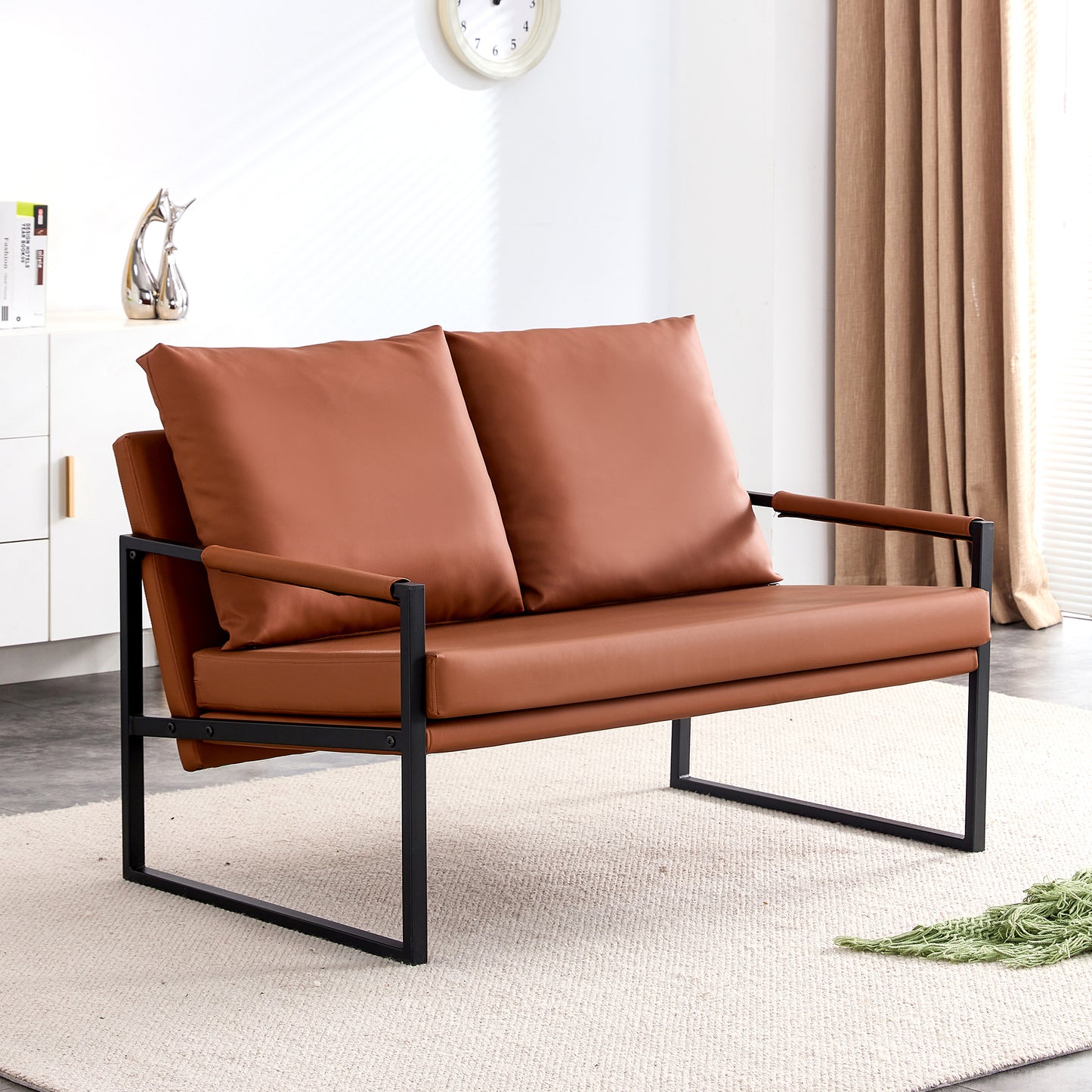 PU leather armchair metal frame cushion armchair, cushion backrest, living room sofa 1 double sofa+2 single sofa (brown PU leather+metal frame+foam) SF-008