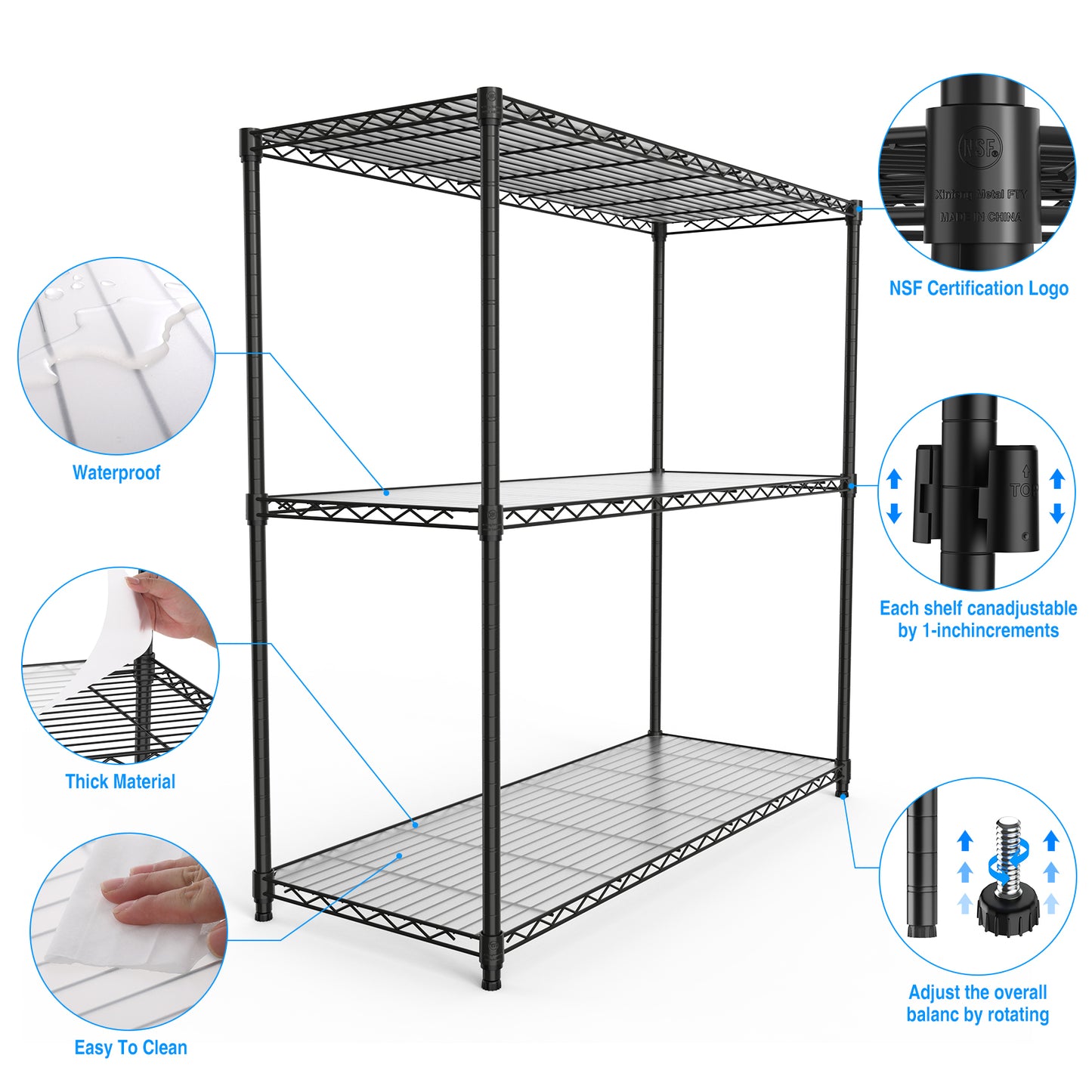 3 Tier Wire Shelving Unit, 1050 LBS NSF Height Adjustable Metal Garage Storage Shelves, Heavy Duty Storage Wire Rack Metal Shelves - Black