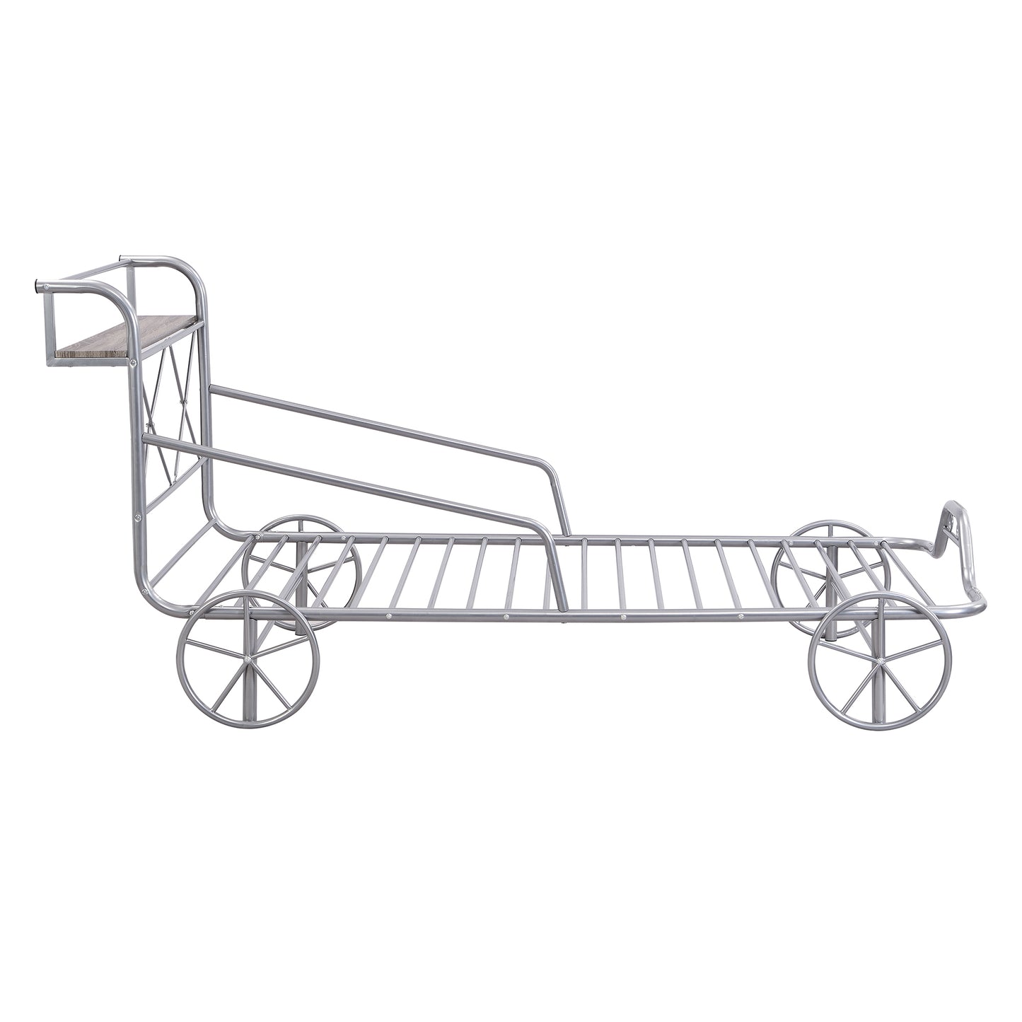 Twin Size Metal Car Bed with Four Wheels, Guardrails and  X-Shaped Frame Shelf, Silver(: MF297599AAN)