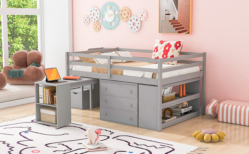 Full Size Loft Bed with Retractable Writing Desk and 3 Drawers, Wooden Loft Bed with Storage Stairs and Shelves, Gray