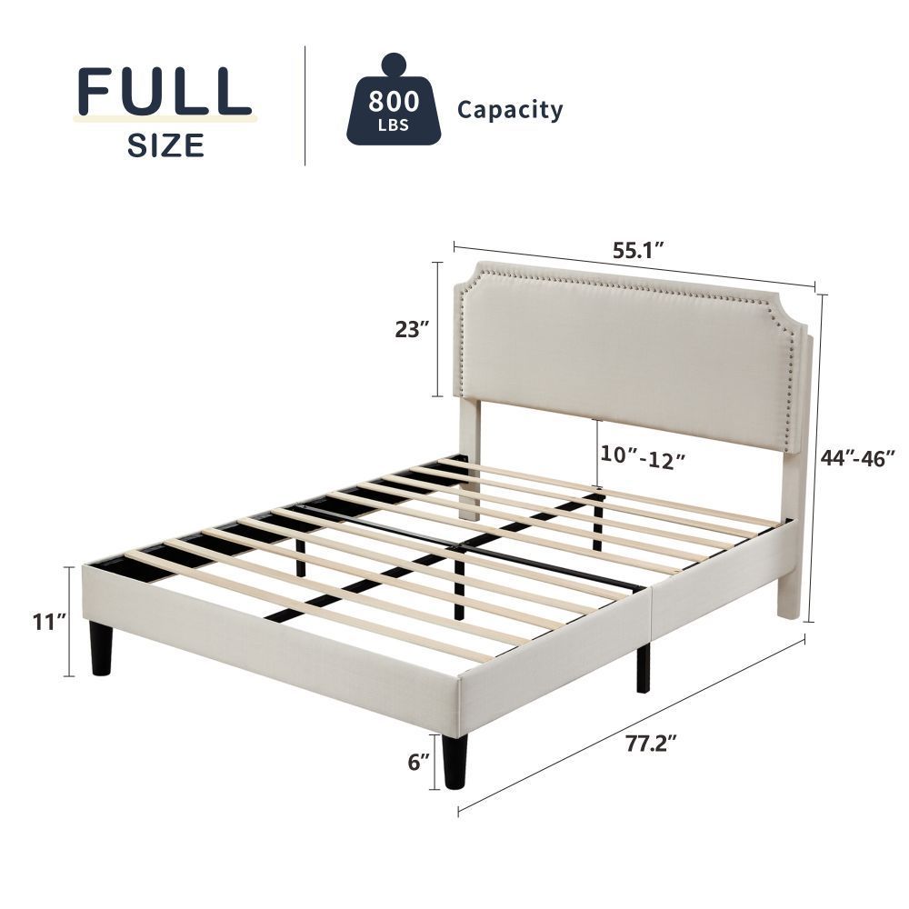 Full Size Frame Platform Bed with Upholstered Headboard and Slat Support, Heavy Duty Mattress Foundation, No Box Spring Required, Easy to Assemble,Beige