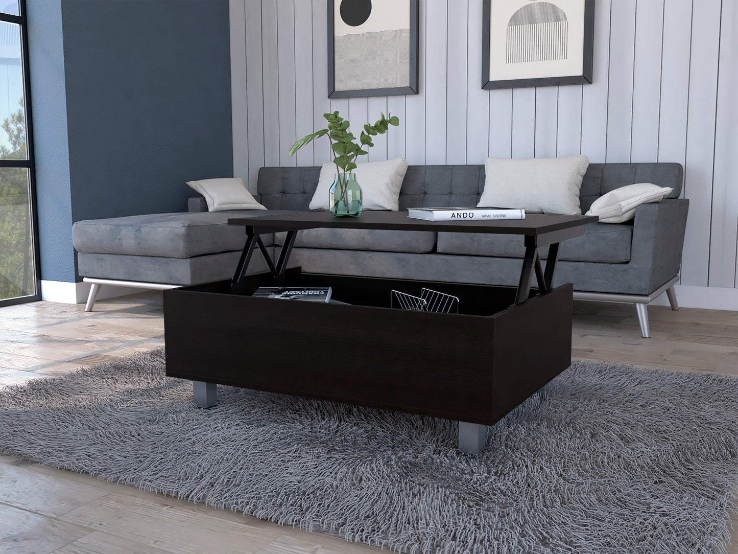 Modern Black Wengue Lift Top Coffee Table with Storage