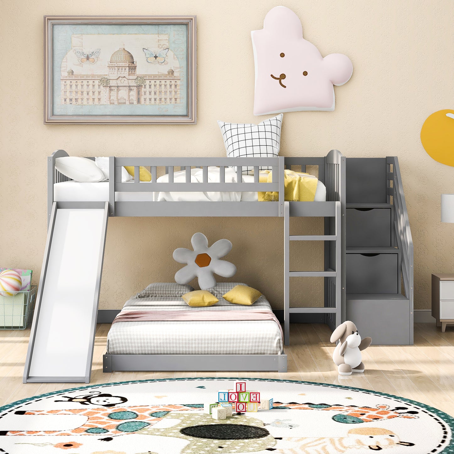 Gray Twin Bunk Bed with Slide, Drawers, and Playful Features