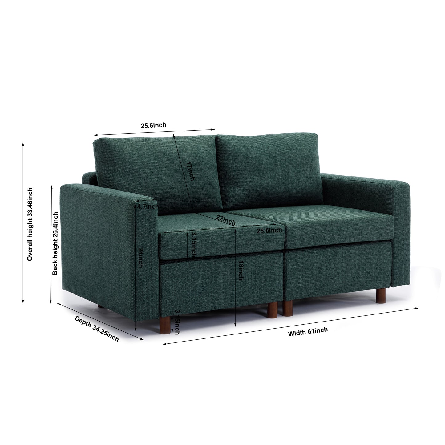 2-Seater Modular Sectional Sofa Set with 2 Ottoman, Non-Removable Cushions, Green