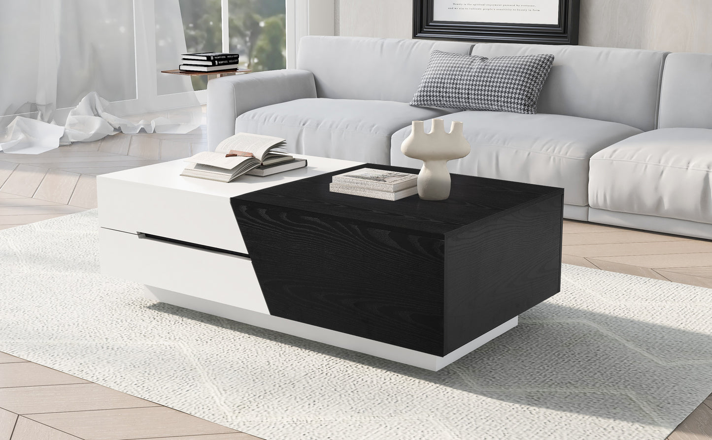 Sleek White and Black Sliding Top Coffee Table with Storage