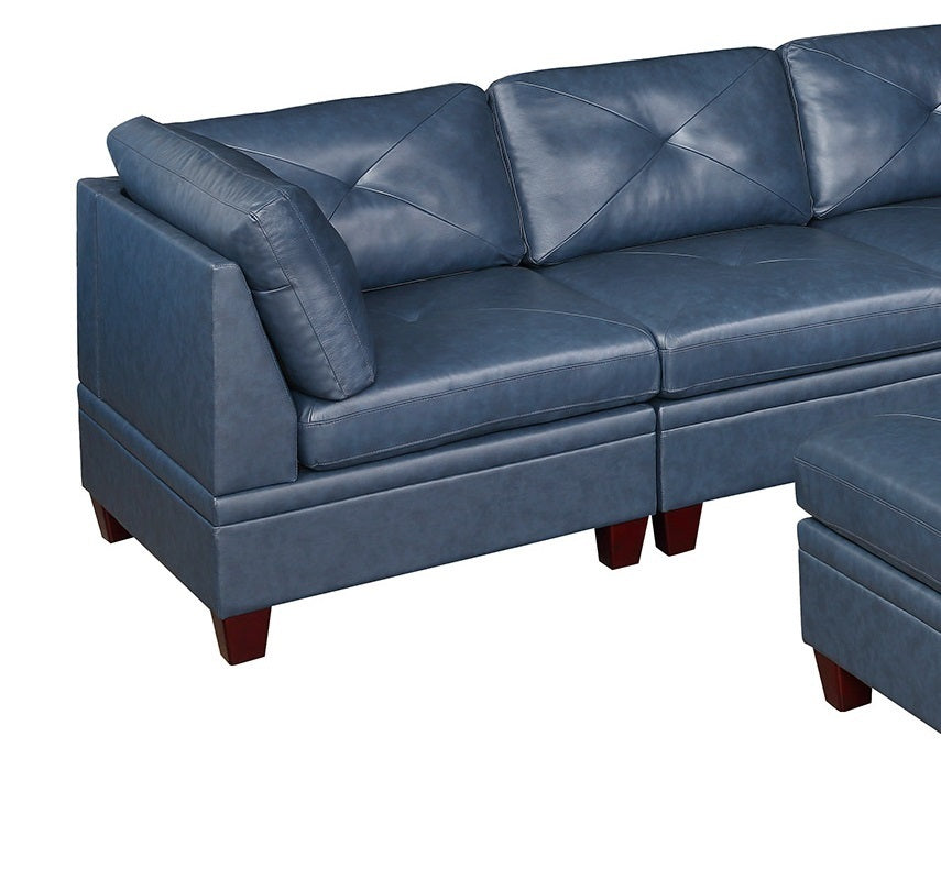 Luxurious Ink Blue Leather Modular 7pc Sofa Set with Ottoman