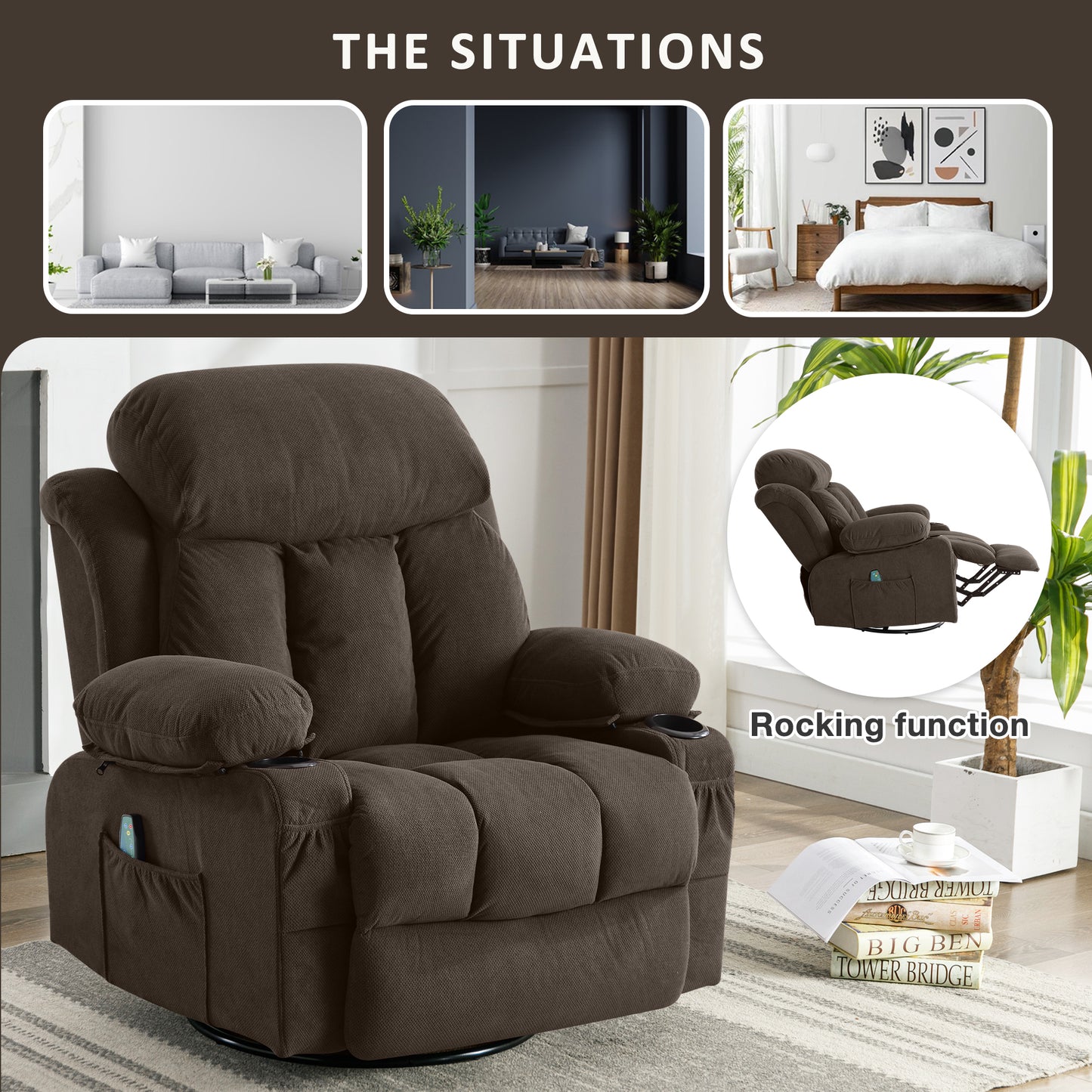 Luxurious Brown Swivel Massage Heated Recliner with USB and Cup Holders