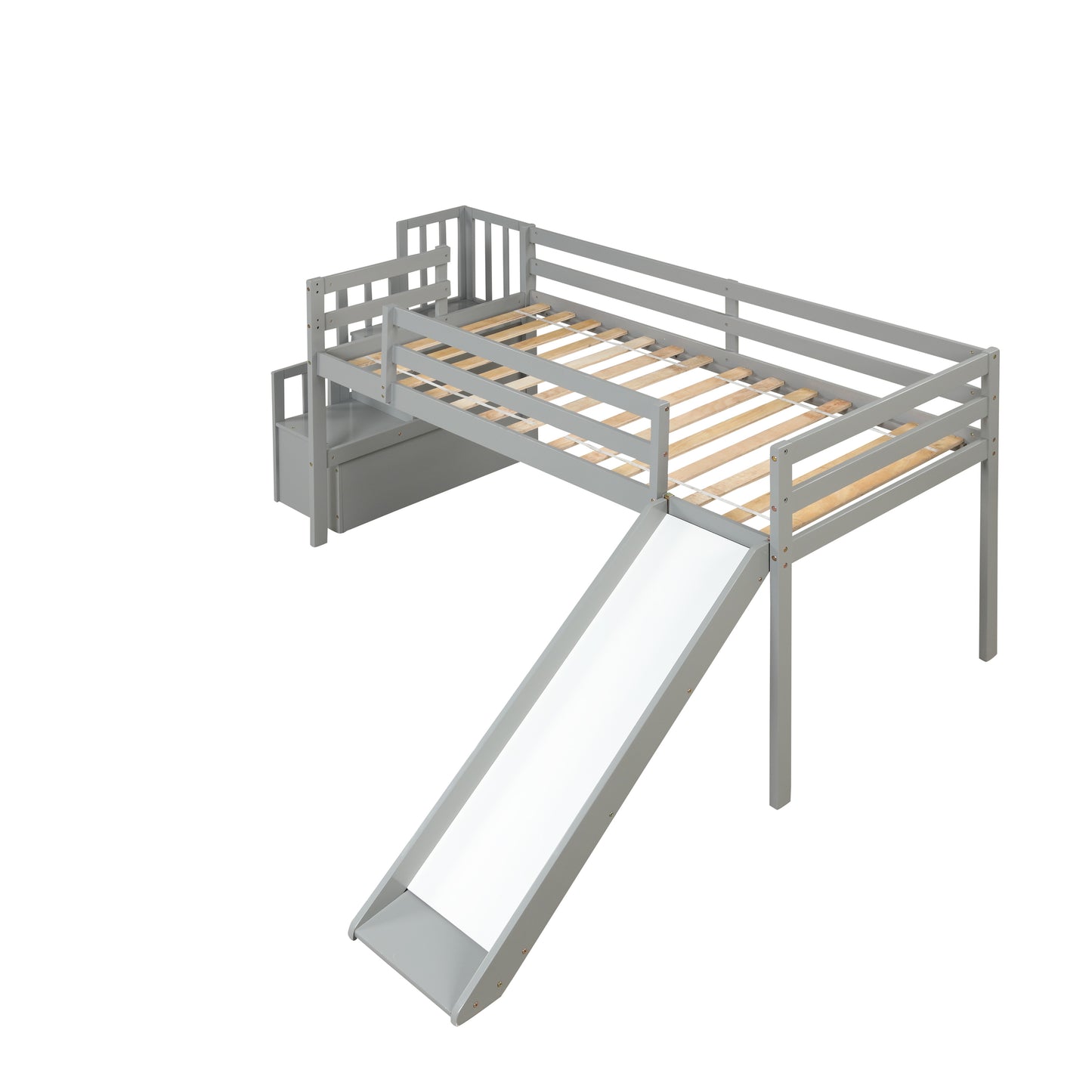 Loft Bed with Staircase, Storage, Slide, Twin size, Full-length Safety Guardrails, No Box Spring Needed, Grey