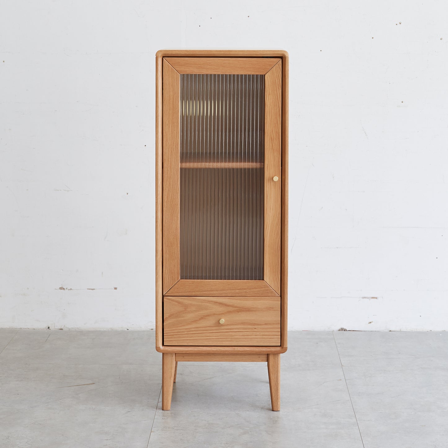 Elegant Oak Wood Corner Cabinet with Vintage Glass Door and Brass Handle