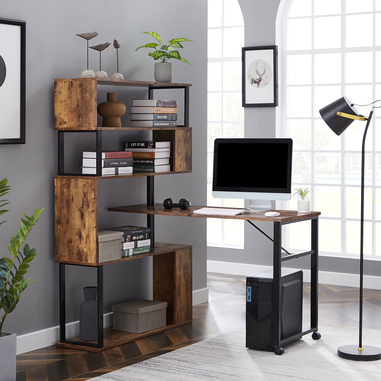 Modern L-Shaped Computer Desk with Rotating Bookshelf - Brown Tiger Wood