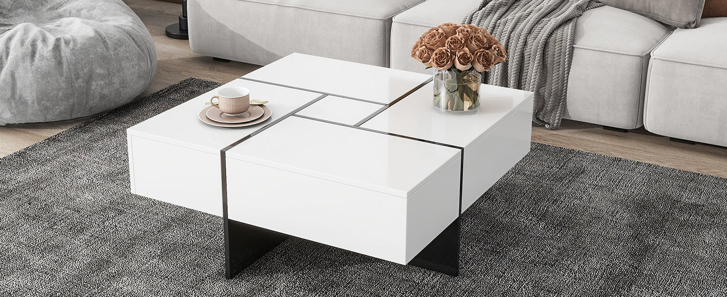 Innovative Extendable Coffee Table with Hidden Storage Compartments and Puzzle-like Design, High-gloss Center Table for Living Room, 31.5x 31.5