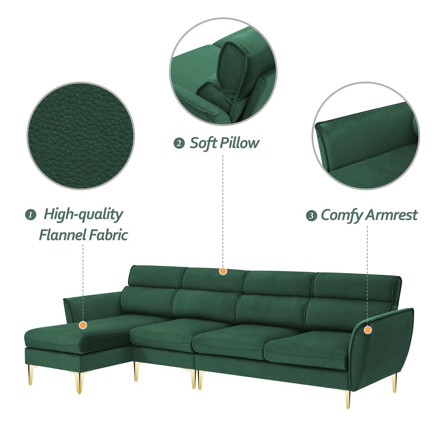 Convertible Flannel Sectional Sofa with Reversible Chaise