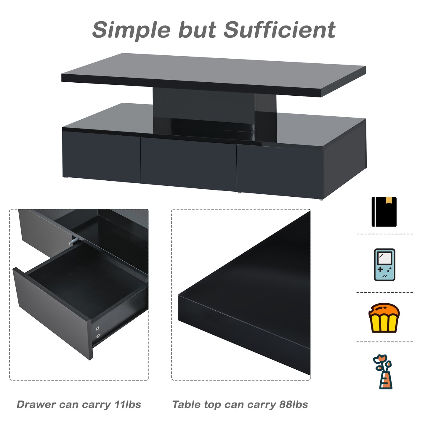 Glossy Black LED Coffee Table with Drawer and Double-Tiered Storage