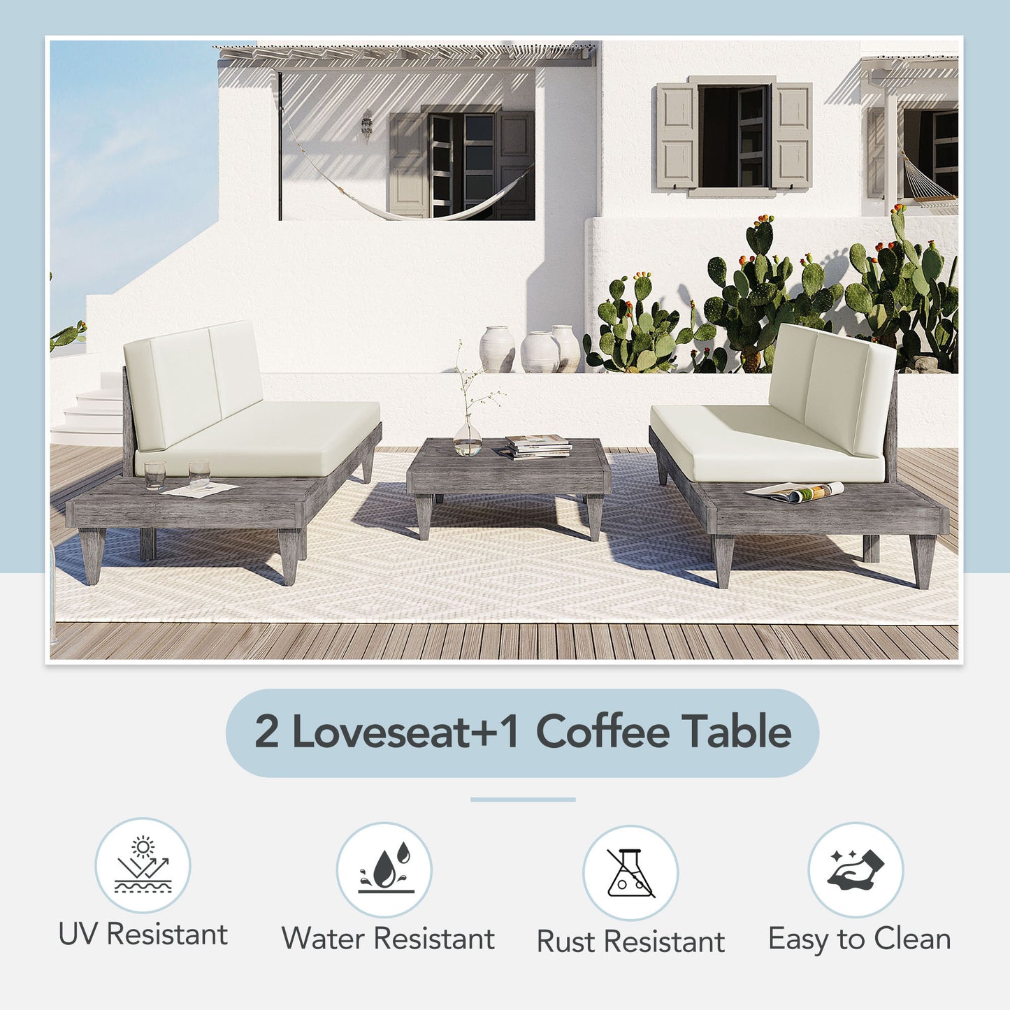 3-Piece Acacia Wood Patio Furniture Set with Conversation Sectional Sofa and Side Tables, Grey+Beige