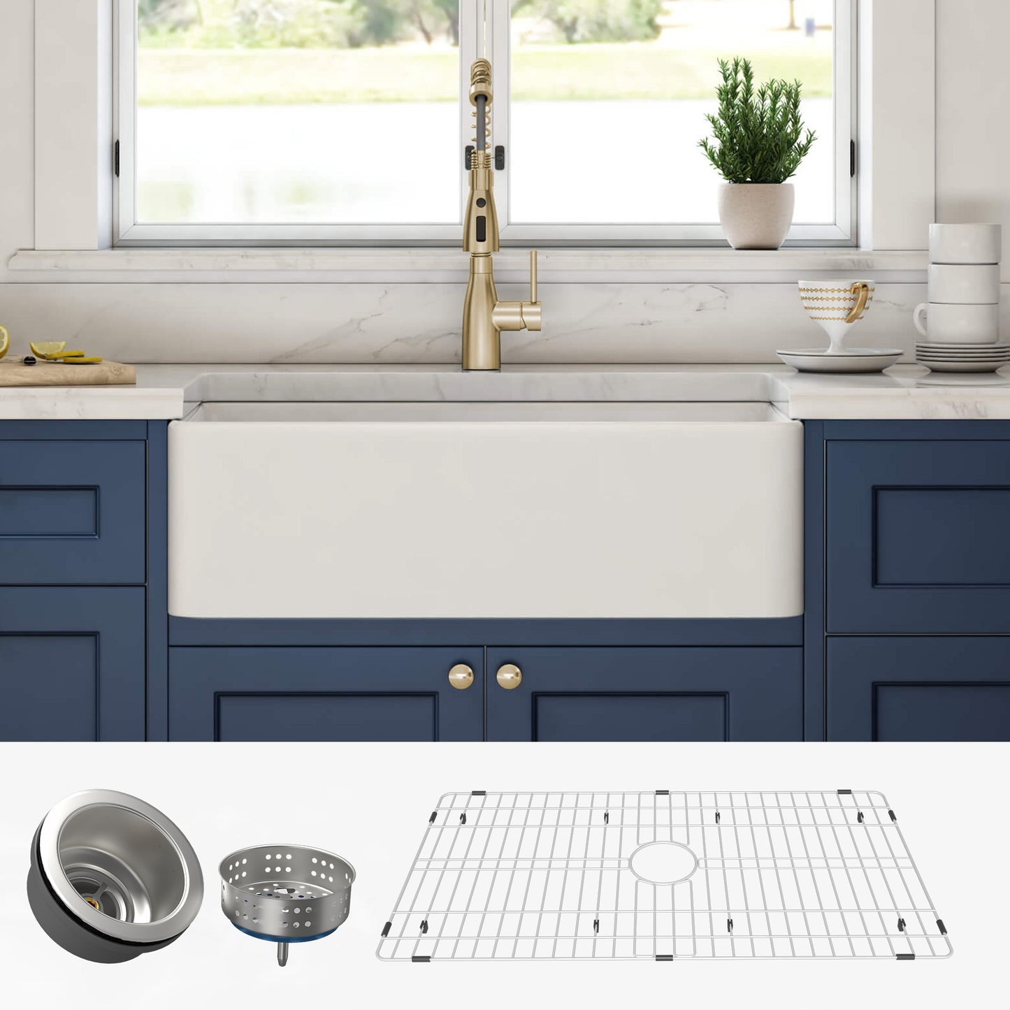 36 Inch Glossy White Fireclay Farmhouse Kitchen Sink with Bottom Grid and Drain