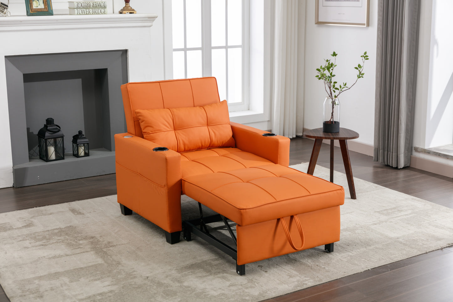 Futon Chair Bed Convertible Chair 3-in-1 Pull Out Sleeper Chair Beds with USB Ports,Wear-resistant and Anti-scratch,  Armchair Bed Sleeper for Living Room (Orange Leather)