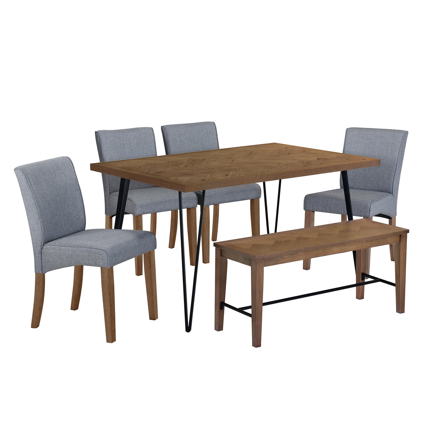 Modern 6-Piece Dining Table Set with V-Shape Metal Legs, Wood Kitchen Table Set with 4 Upholstered Chairs and Bench for 6,Brown