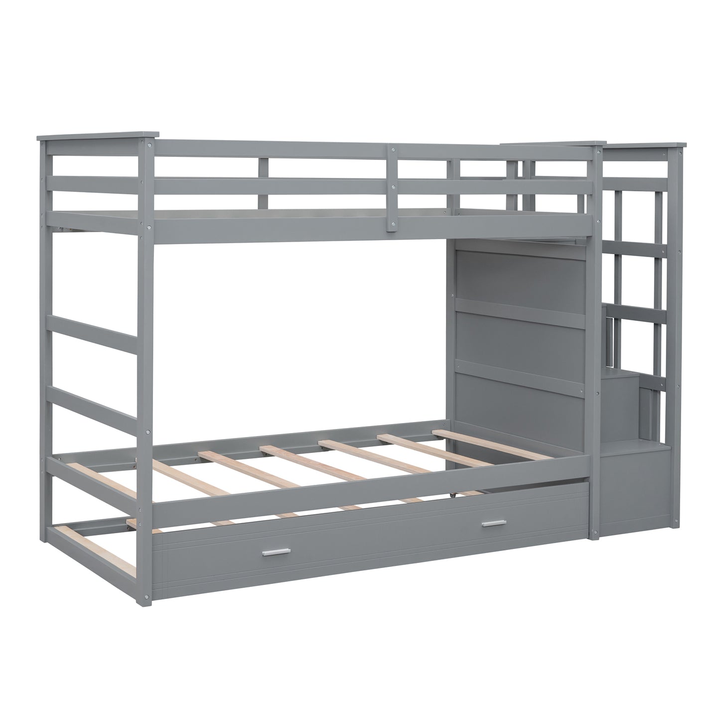 Gray Twin Bunk Bed with Trundle Staircase