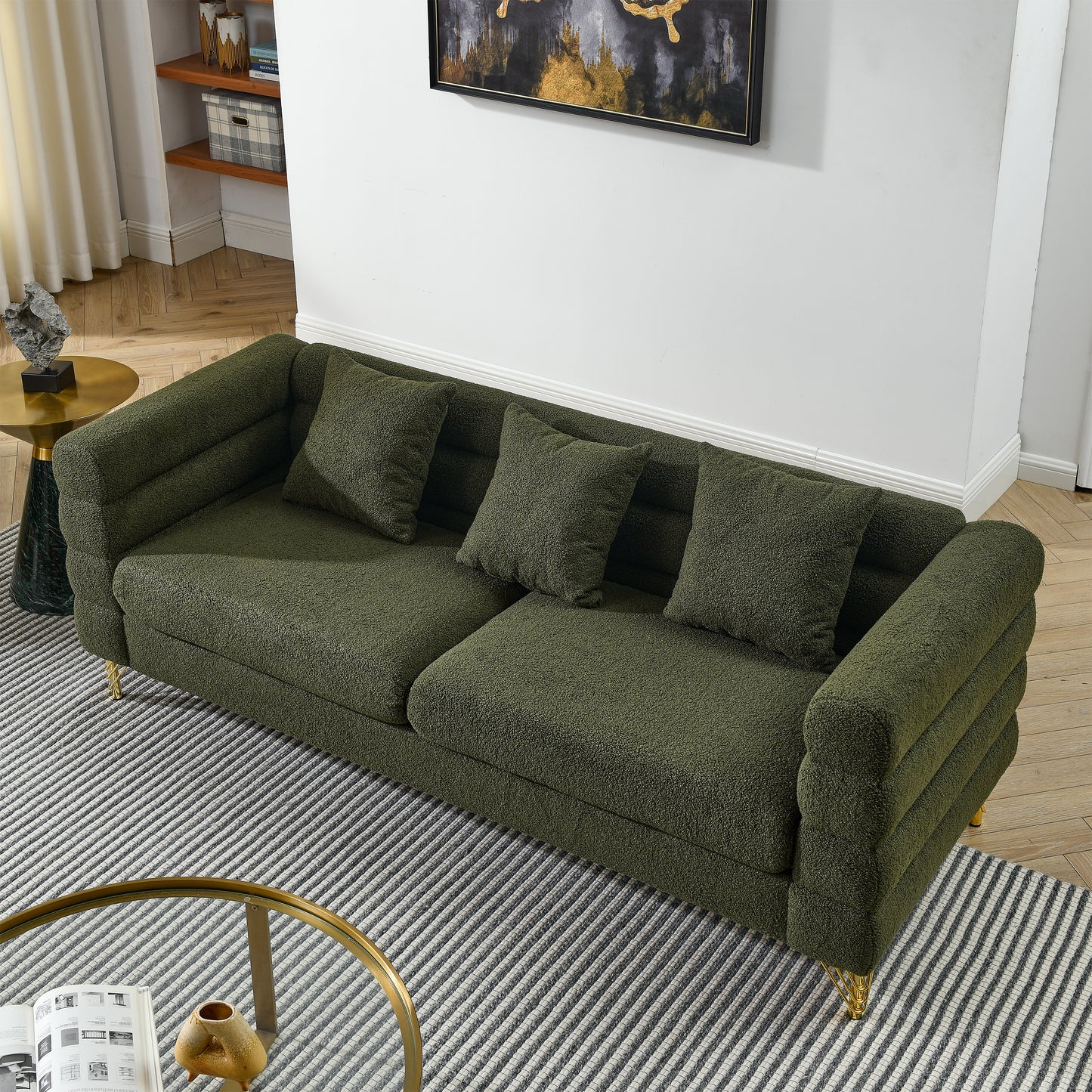 Oversized 3 Seater Green Teddy Sectional Sofa with 3 Pillows