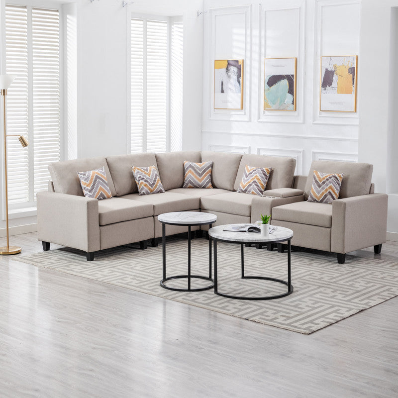 Beige Linen Fabric 6-Piece Reversible Sectional Sofa with USB, Cupholders, Storage Console Table and Pillows