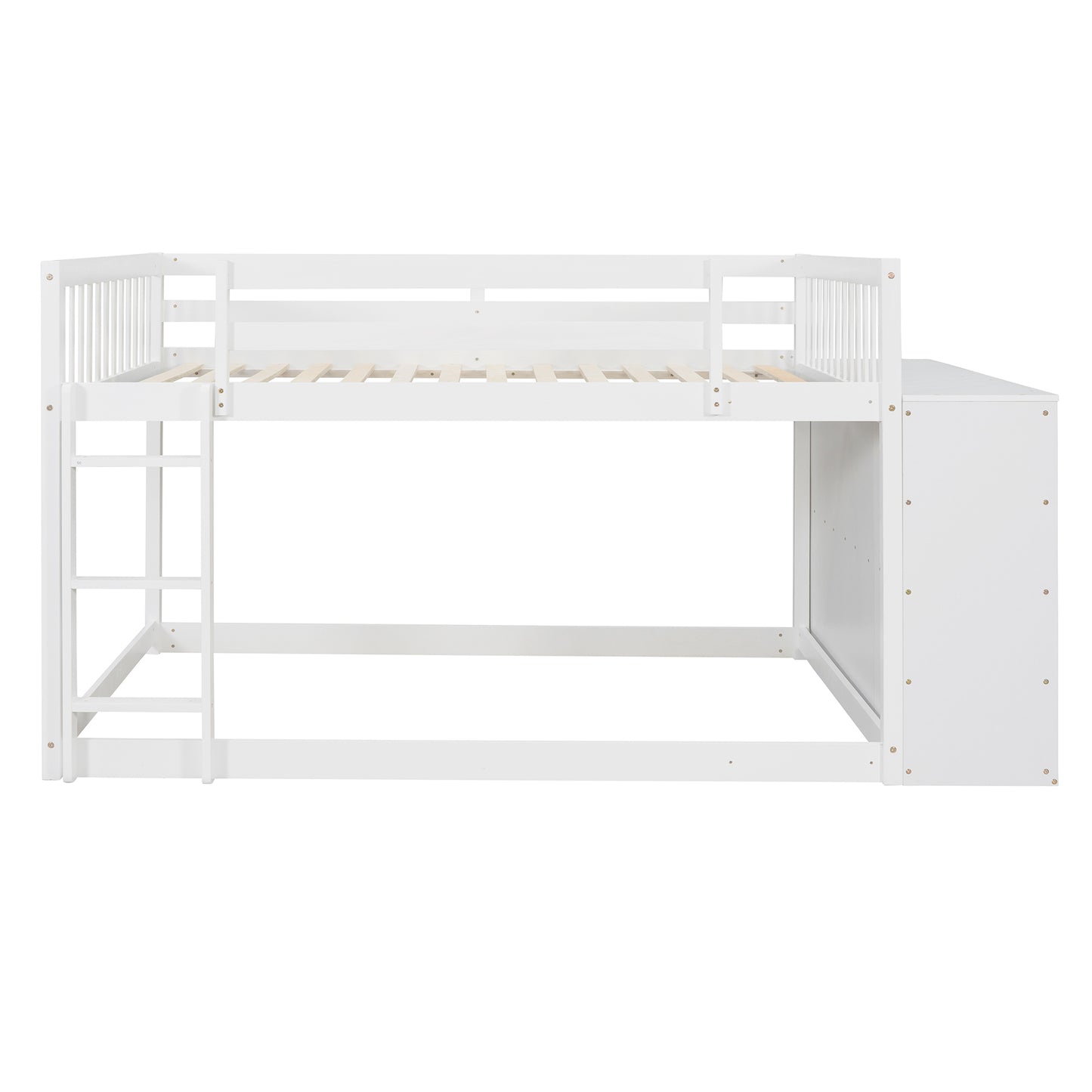 White Full over Full Bunk Bed with Storage, Shelves, and Drawers