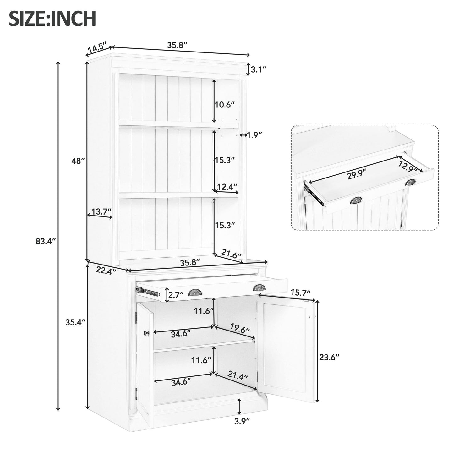 83.4 Tall 2-Piece White Bookshelf & Writing Desk Set with LED Lighting, Storage Drawers, and Doors