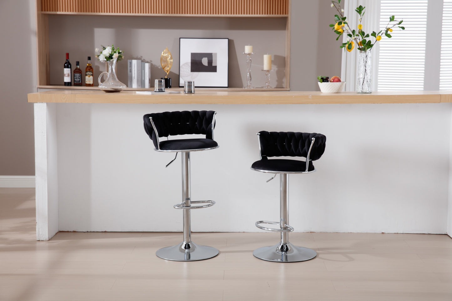 Set of 2  Bar Stools,with Chrome Footrest and Base Swivel Height Adjustable Mechanical Lifting Velvet + Bar Stool-BLACK