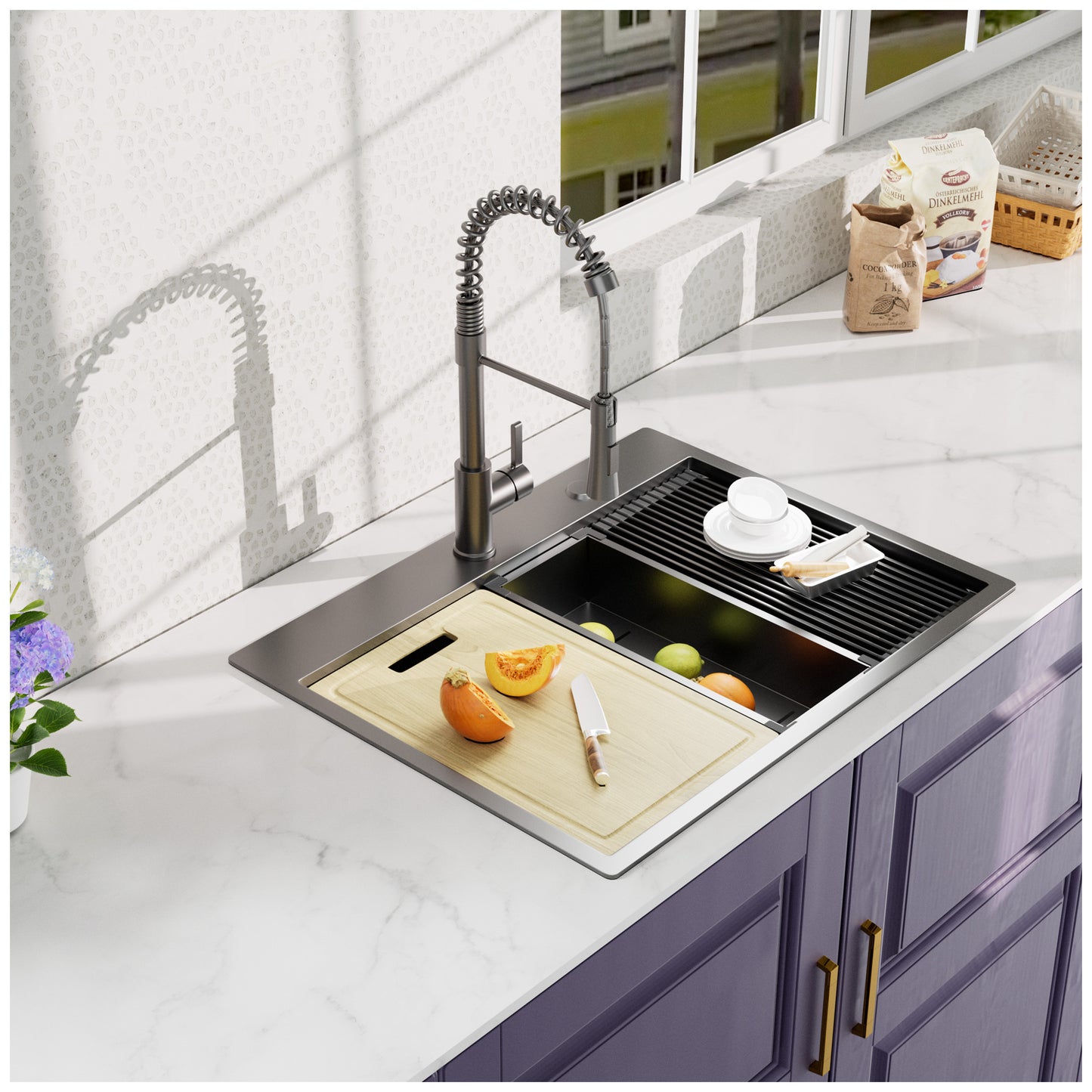 32x22-inch Gunmetal Black Stainless Steel Kitchen Sink Workstation with Black Spraing Neck Faucet