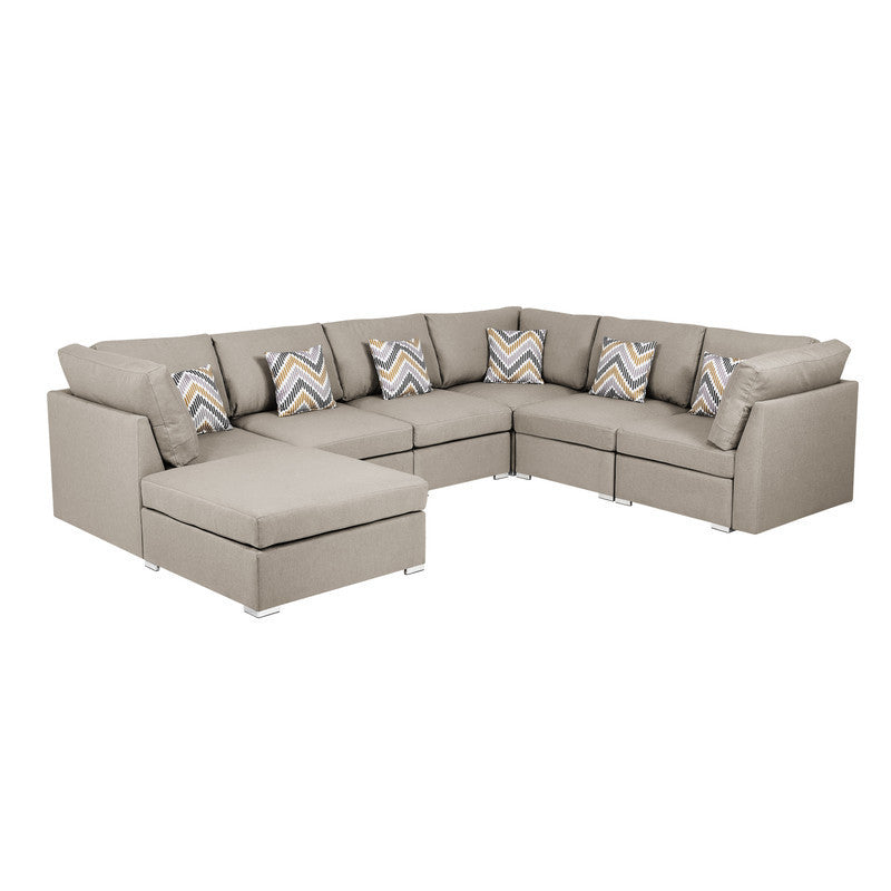 Amira Beige Fabric Modular Sectional Sofa Set with Ottoman and Accent Pillows