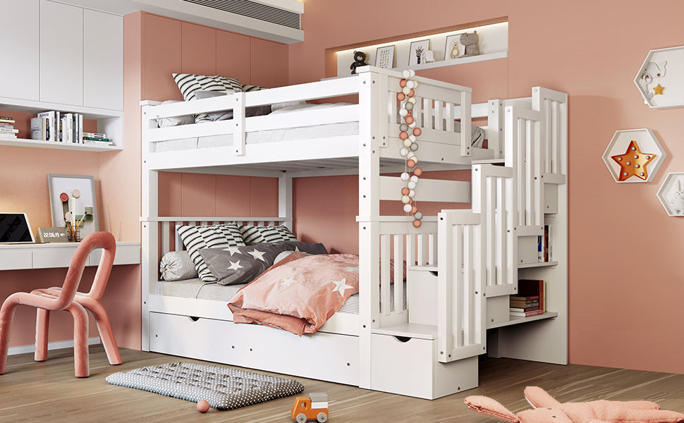 White Twin Over Twin Bunk Bed with Shelves and 6 Storage Drawers