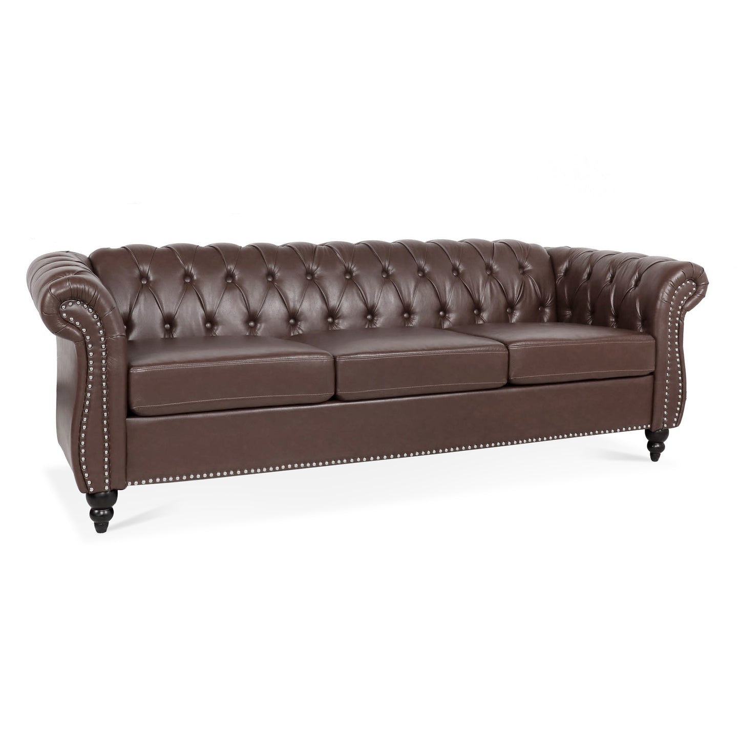 Elegant Dark Brown 84.65 PU Leather Chesterfield Three Seater Sofa with Rolled Arms