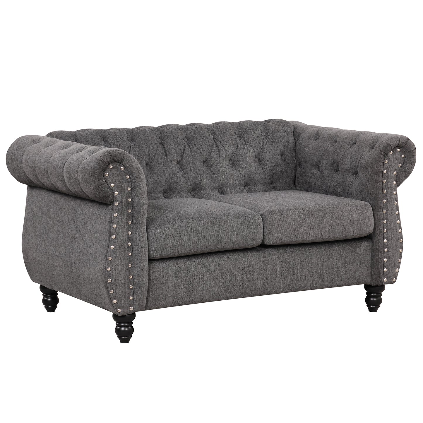 Modern Gray Plush Upholstered 60 Sofa with Buttoned Tufted Backrest and Solid Wood Legs