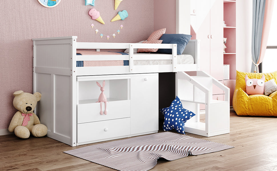 Loft Bed Low Study Twin Size Loft Bed With Storage Steps and Portable,Desk,White(: LT000101AAK)