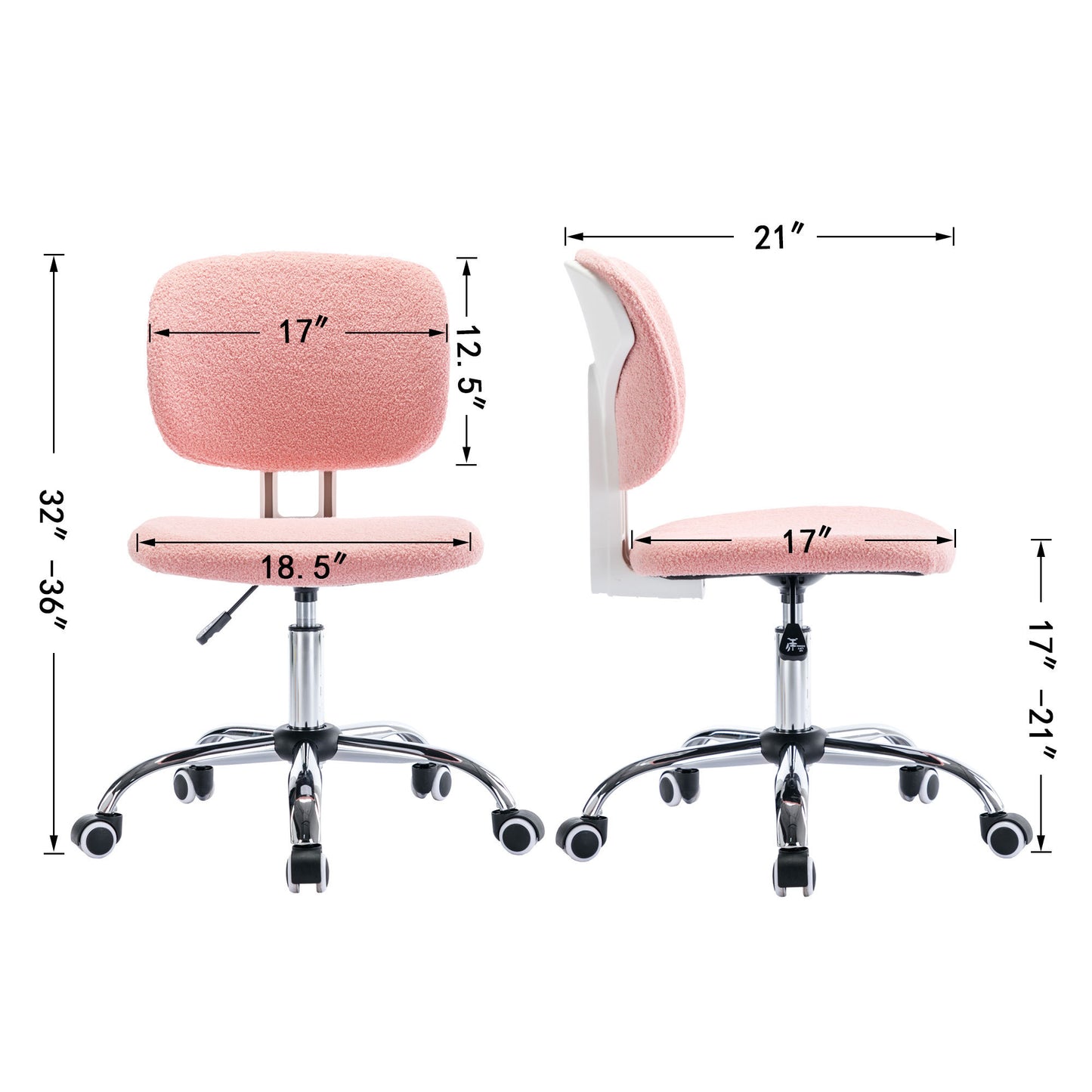 Teddy Velvet Makeup Pink Office Desk Chair Bling Desk, Armless Vanity Desk Task Chair with Wheels 360°,Bling Desk Nail Desk for Women, Adjustable Height