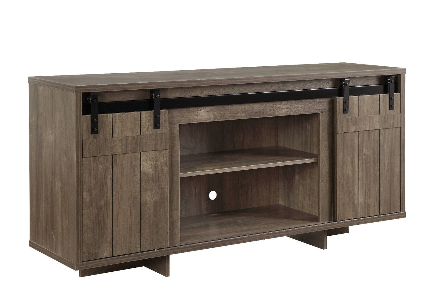 Bellarosa Gray Washed TV Stand with Sliding Barn Doors and Storage Compartments