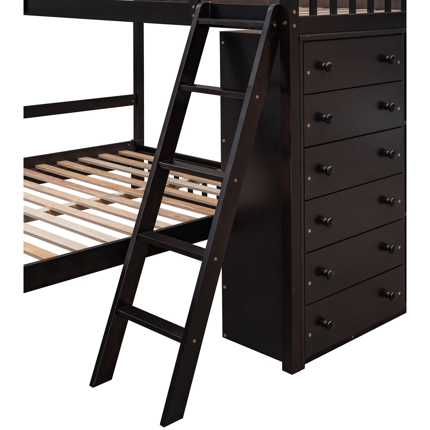 Espresso Wooden Bunk Bed with Twin Over Full, 6 Drawers, and Flexible Shelves - Versatile Solid Wood Bunk Bed with Storage and Removable Bottom Bed