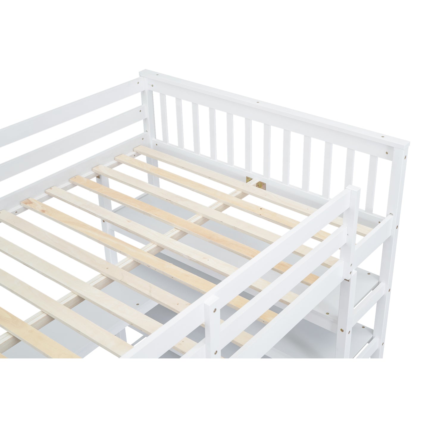 Full Size Loft Bed with Storage Shelves and Under-bed Desk, White