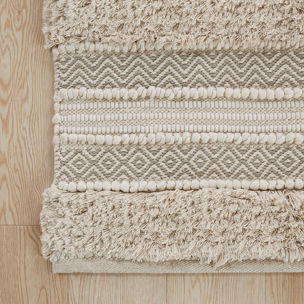 Boho Handwoven Stripe Bath Rug with Textured Natural Design