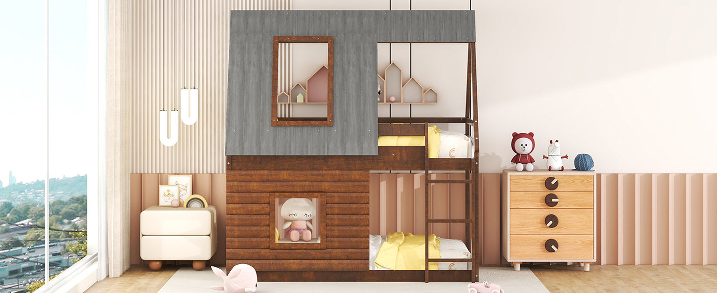 Cozy Rustic Oak and Smoky Grey House Bunk Bed with Roof, Ladder, and Windows for Kids