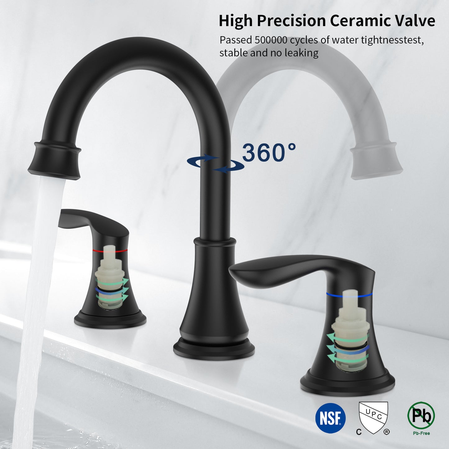 Widespread Matte Black Bathroom Faucet with 2 Handles and 360° Swivel Spout